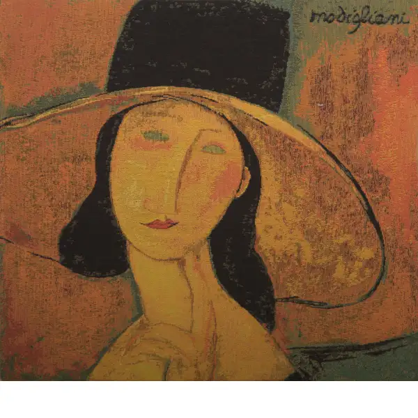 Jeanne Hebuterne In A Large Hat I Belgian Cushion Cover - 18 in. x 18 in. Cotton by Almedo Modigliani | Close Up 1