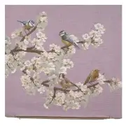 Passerines On Branch Pink French Couch Cushion | Close Up 1