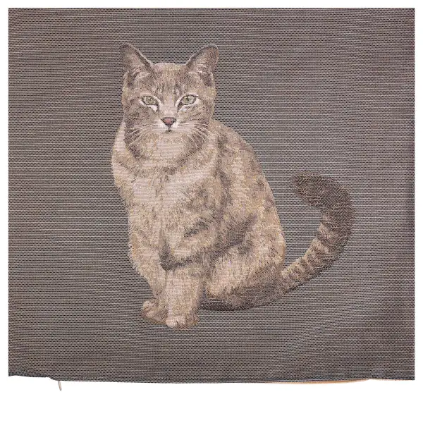 Tabby Cat Sitting Dark Grey Cushion - 19 in. x 19 in. Cotton by Charlotte Home Furnishings | Close Up 1