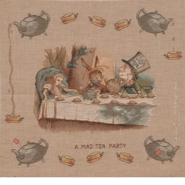 The Tea Party Alice In Wonderland I Cushion - 14 in. x 14 in. Cotton/Polyester/Viscose by John Tenniel | Close Up 1