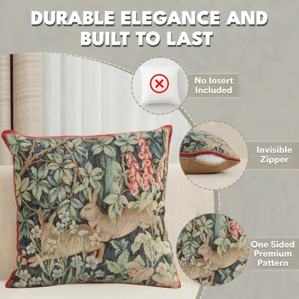Two Hares In A Forest Small Tapestry Cushion Cover - 14 in. x 14 in. Cotton by William Morris | Feature