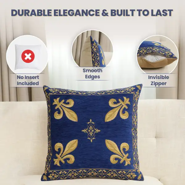 Fleur De Lys Blue III Belgian Cushion Cover - 18 in. x 18 in. SoftCottonChenille by Charlotte Home Furnishings Inc | Feature