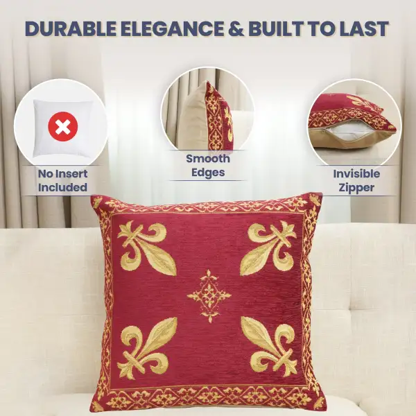 Fleur De Lys Red II Belgian Cushion Cover - 18 in. x 18 in. SoftCottonChenille by Charlotte Home Furnishings Inc | Feature