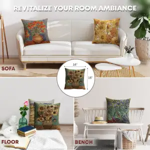 Sunflowers Yellow Belgian Cushion Cover - 16x16" Handmade Square Pillow for Living Room - Floral Tapestry Cushion for Indoor - Vincent Van Gogh Accent Pillow Cover - Cushion Cover for Sofa Bed & Couch