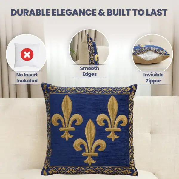 Fleur De Lys Blue II Velvet Background Belgian Cushion Cover - 18 in. x 18 in. SoftCottonChenille by Charlotte Home Furnishings Inc | Feature
