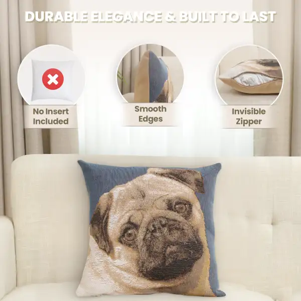 Pugs Face Blue II Tapestry Cushion Cover - 14 in. x 14 in. Cotton by Charlotte Home Furnishings Inc | Feature