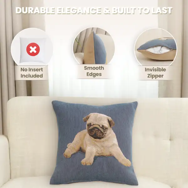 Puppy Pug Blue Tapestry Cushion Cover - 14 in. x 14 in. Cotton by Charlotte Home Furnishings Inc | Feature