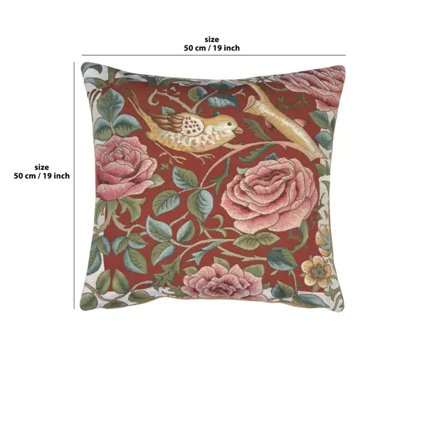 Zoom Bird and Roses Red Cushion | 19x19 in