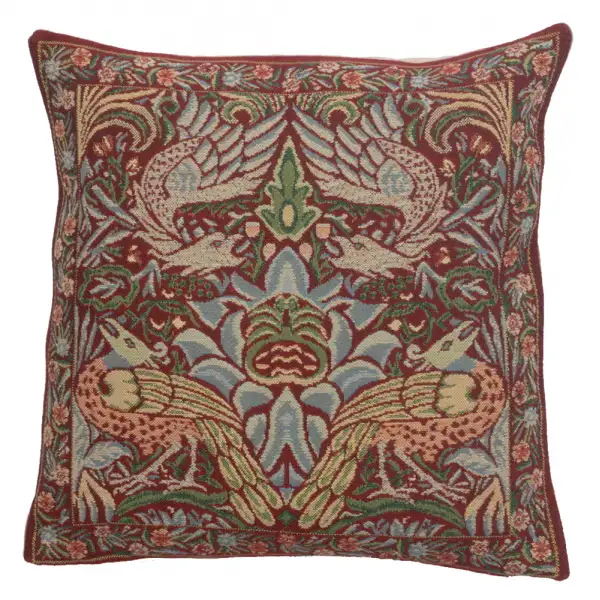 Peacock and Dragon Red Belgian Cushion Cover