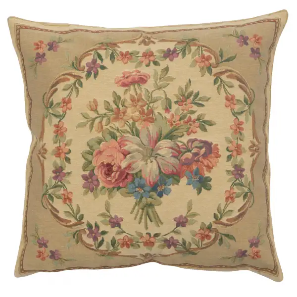 Bouquet Floral Beige Belgian Cushion Cover - 18 in. x 18 in. Cotton/Viscose/Polyester by Charlotte Home Furnishings