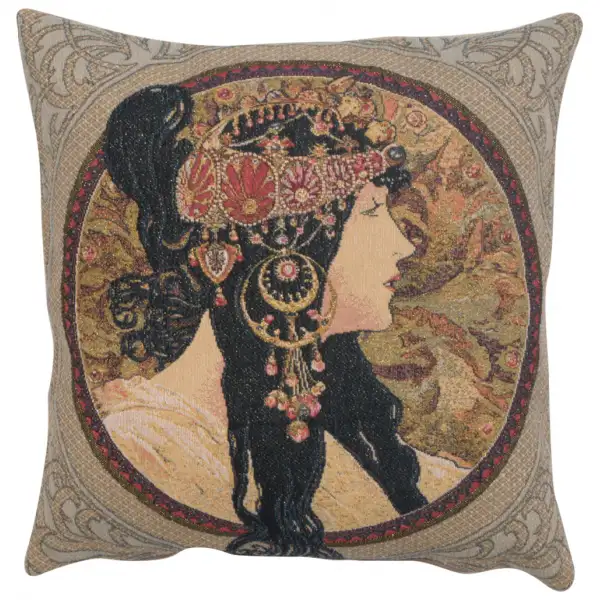 Brunette Belgian Cushion Cover - 18 in. x 18 in. Cotton/Viscose/Polyester by Alphonse Mucha