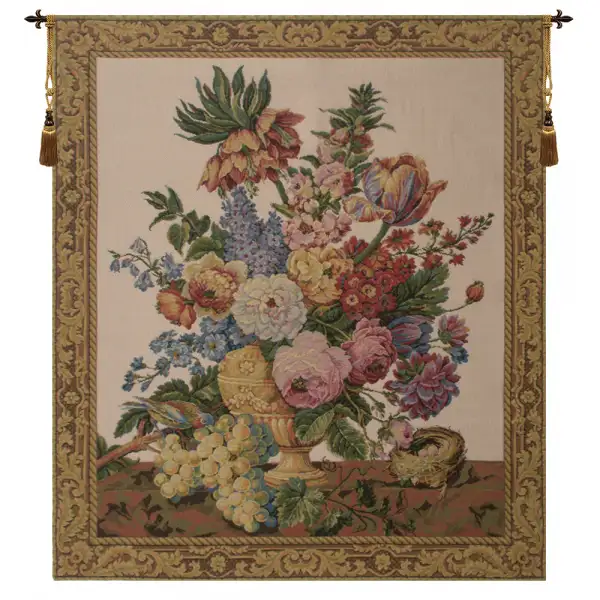 Floral with Fruits Vase Beige Belgian Tapestry Wall Hanging