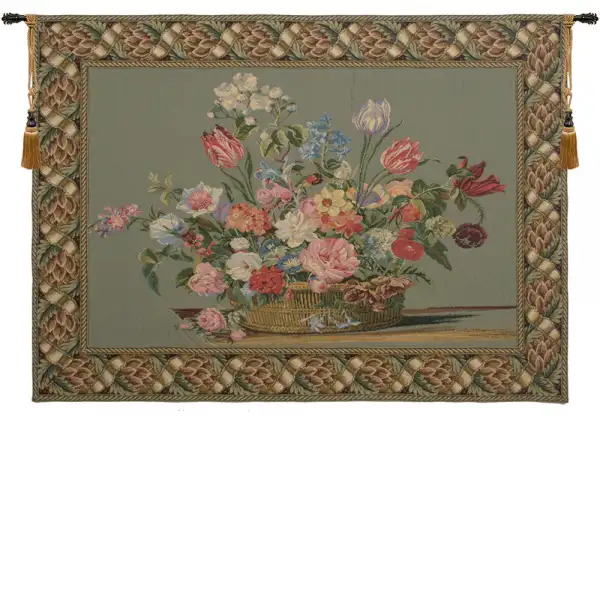 Flower Basket Green II Belgian Tapestry Wall Hanging