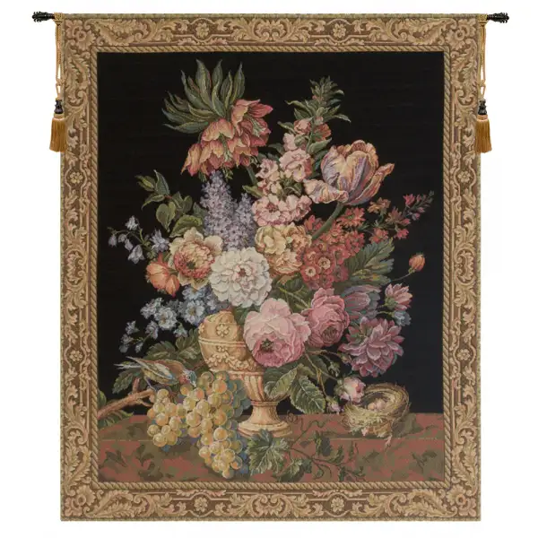 Brussels Bouquet Small Black Belgian Tapestry Wall Hanging - 26 in. x 30 in. Cotton by Jan Brueghel de Velours