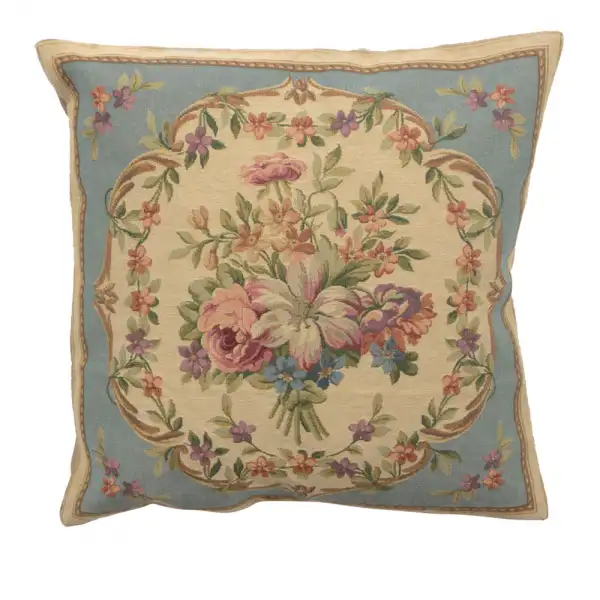 Bouquet Floral Blue Belgian Cushion Cover - 18 in. x 18 in. Cotton/Viscose/Polyester by Charlotte Home Furnishings