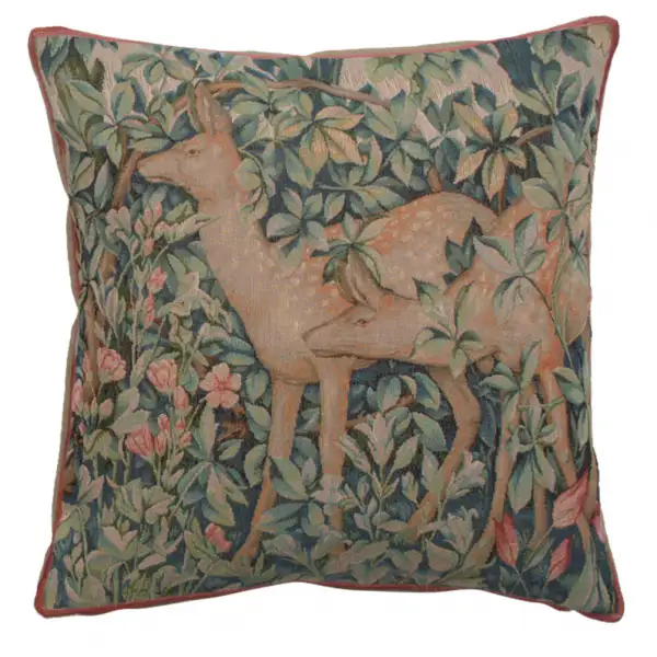 C Charlotte Home Furnishings Inc Two Does in A Forest Large French Tapestry Cushion - 19 in. x 19 in. Cotton by William Morris