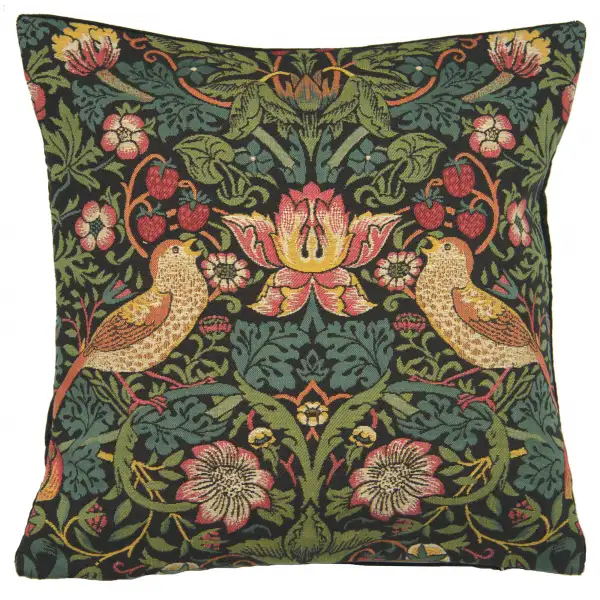 Strawberry Thief A Black by William Morris Belgian Sofa Pillow Cover