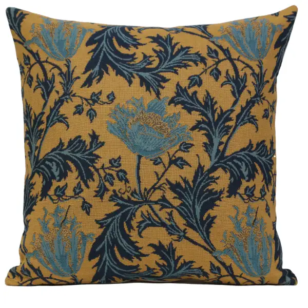 Anemone Blue Gold Belgian Cushion Cover - 16 in. x 16 in. Cotton/Viscose/Polyester by William Morris