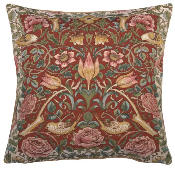 Roses and Birds Red French Tapestry Cushion