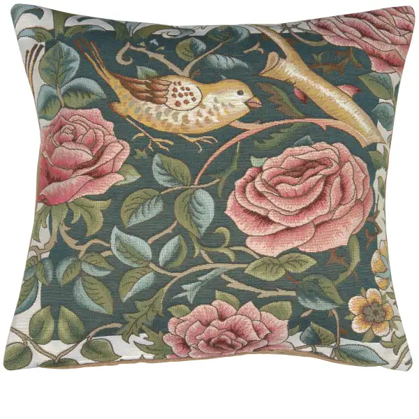 Zoom Bird and Roses Blue French Tapestry Cushion