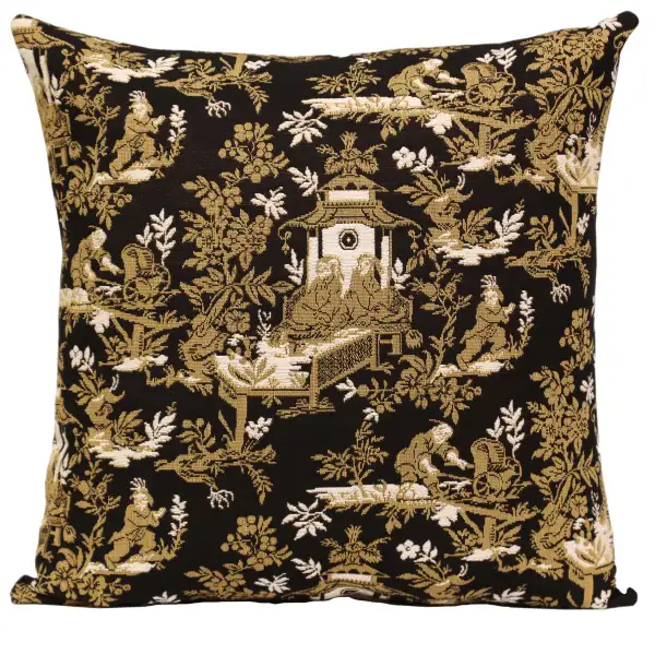 The Chinese on a Wheelbarrow Kiosk Black French Tapestry Cushion