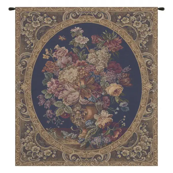 Floral Composition in Vase Dark Blue Italian Tapestry Wall Hanging