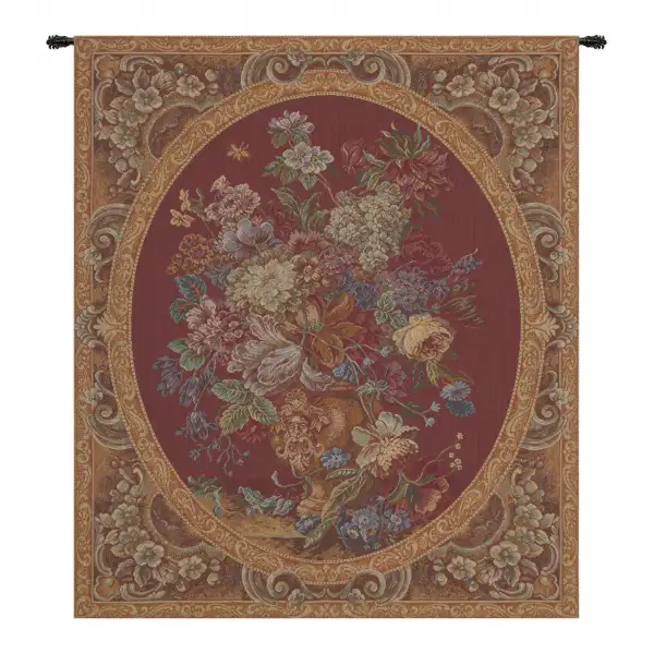 Floral Composition in Vase Burgundy Italian Tapestry Wall Hanging