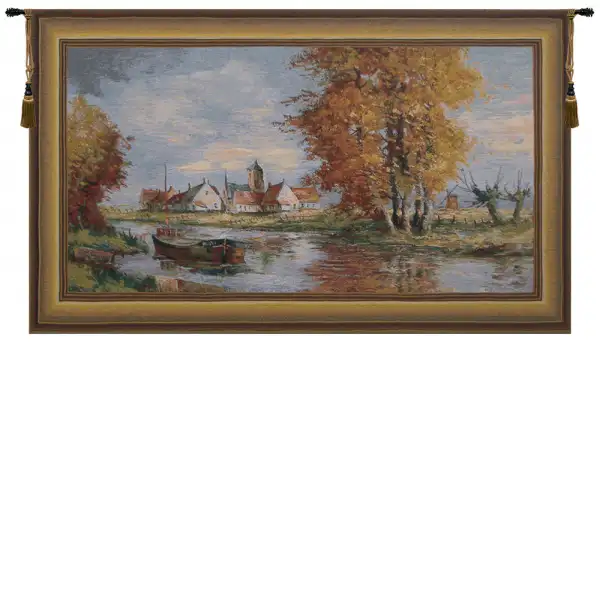 Riverside Flemish Village Belgian Tapestry Wall Hanging