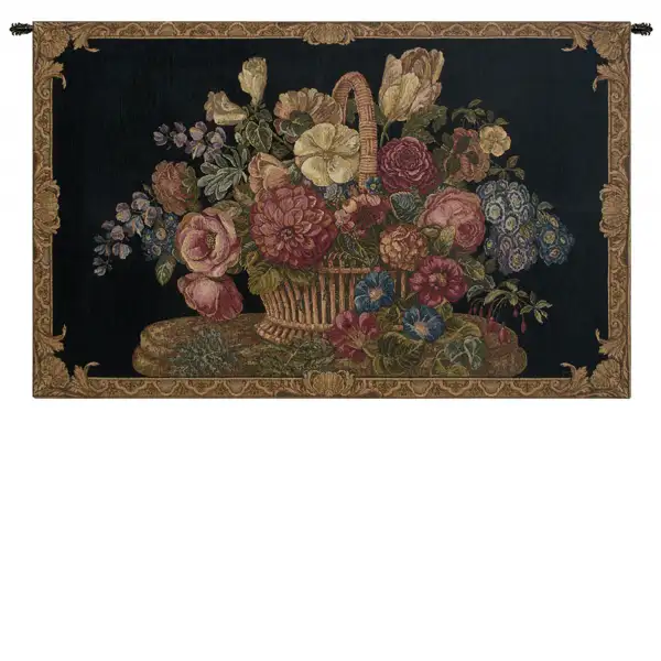 Flower Basket with Black Chenille Background Italian Tapestry Wall Hanging