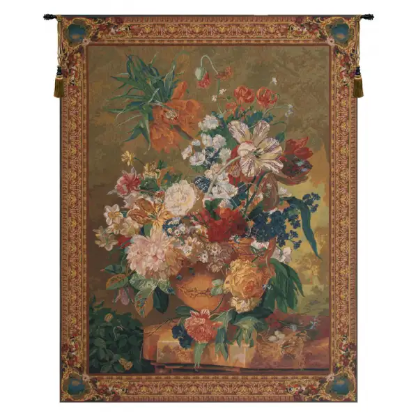 Terracotta Floral Bouquet Gold Belgian Tapestry Wall Hanging - 48 in. x 64 in. Cotton/Viscose/Polyester by Jan Van Huysum