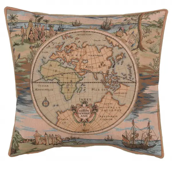 Map Of The World Europe Asia Africa Cushion - 19 in. x 19 in. Cotton/Viscose/Polyester by Charlotte Home Furnishings