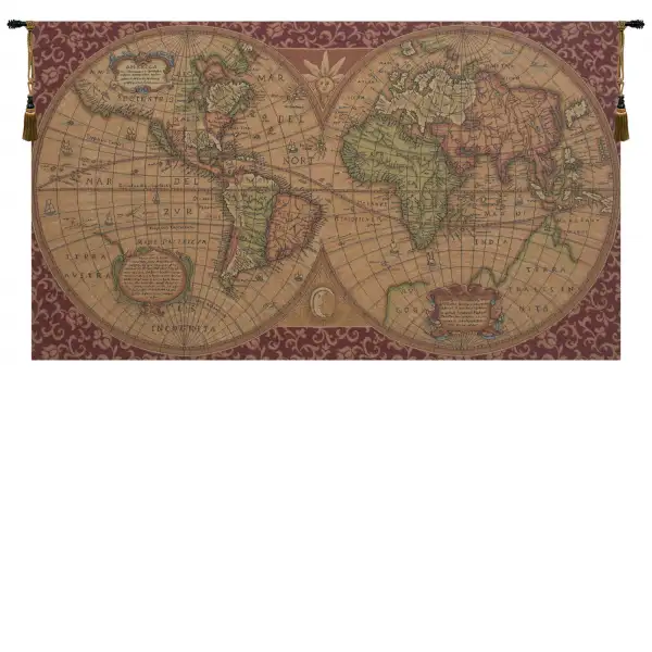 Old Map Of The World Red European Tapestries - 45 in. x 25 in. Cotton/Polyester/Viscose by Charlotte Home Furnishings