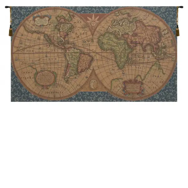 Old Map of the World Blue European Tapestries