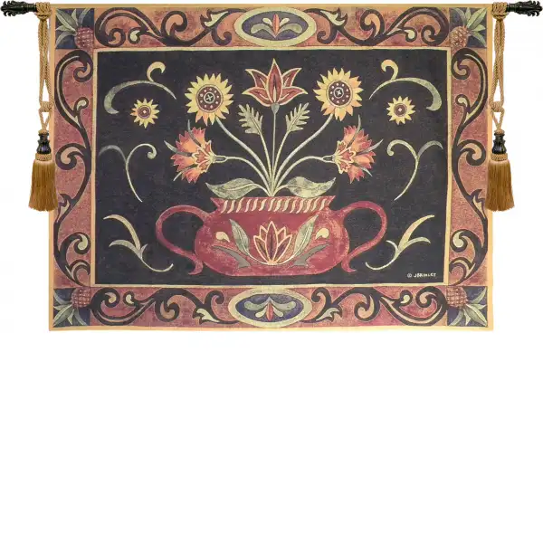 Folk Art Potted Flowers Wall Tapestry - 53 in. x 42 in. Cotton/Viscose/Polyester by Charlotte Home Furnishings