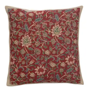 Red Flowers Belgian Tapestry Pillow Cover 16x16 inch Cotton Jacquard Woven Cushion Cover