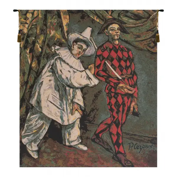 Pierrot And Harlequin Belgian Tapestry Wall Hanging - 19 in. x 23 in. Cotton/Viscose/Polyester by Paul Cezanne