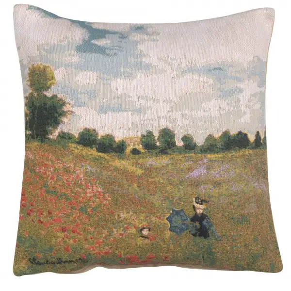 Monet's Poppy Field Belgian Cushion Cover - 18 in. x 18 in. Cotton/Viscose/Polyester by Claude Monet