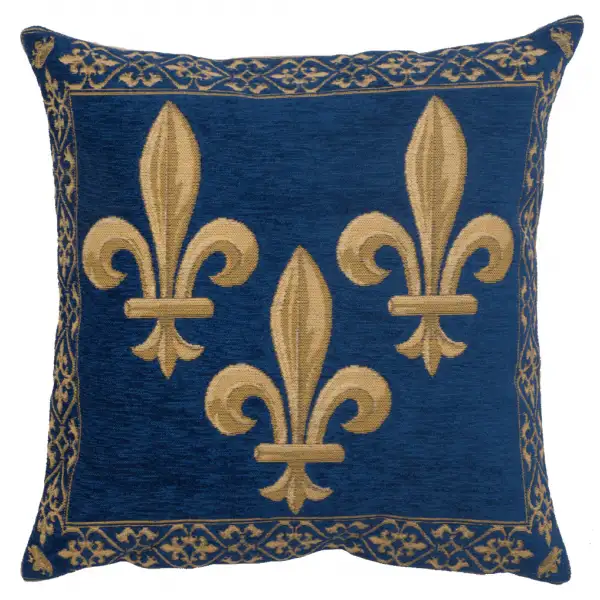 Fleur De Lys Blue II Velvet Background Belgian Cushion Cover - 18 in. x 18 in. SoftCottonChenille by Charlotte Home Furnishings