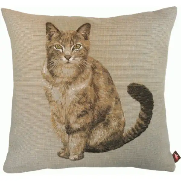 Tabby Cat Sitting Light Grey  French Tapestry Cushion