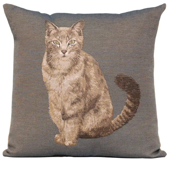 Tabby Cat Sitting Dark Grey French Tapestry Cushion