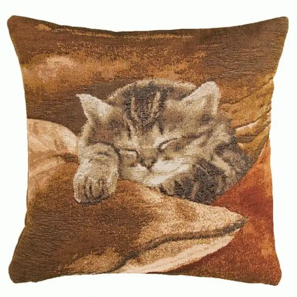 Sleeping Cat Brown French Tapestry Cushion