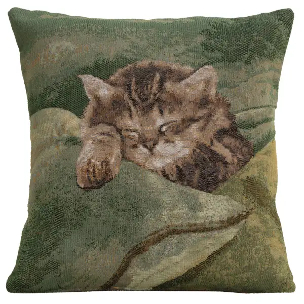 Sleeping Cat Green Cushion - 14 in. x 14 in. Cotton by Charlotte Home Furnishings