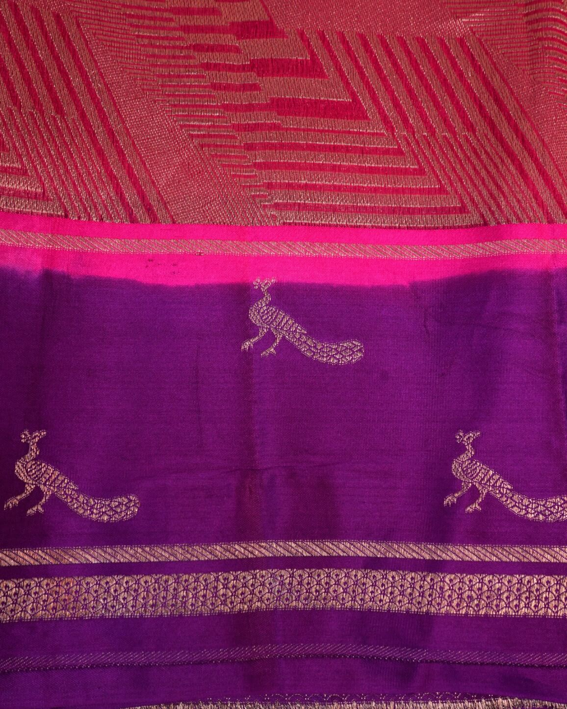 Tissue Katan Banaras Saree – Pink with Peacock Border
