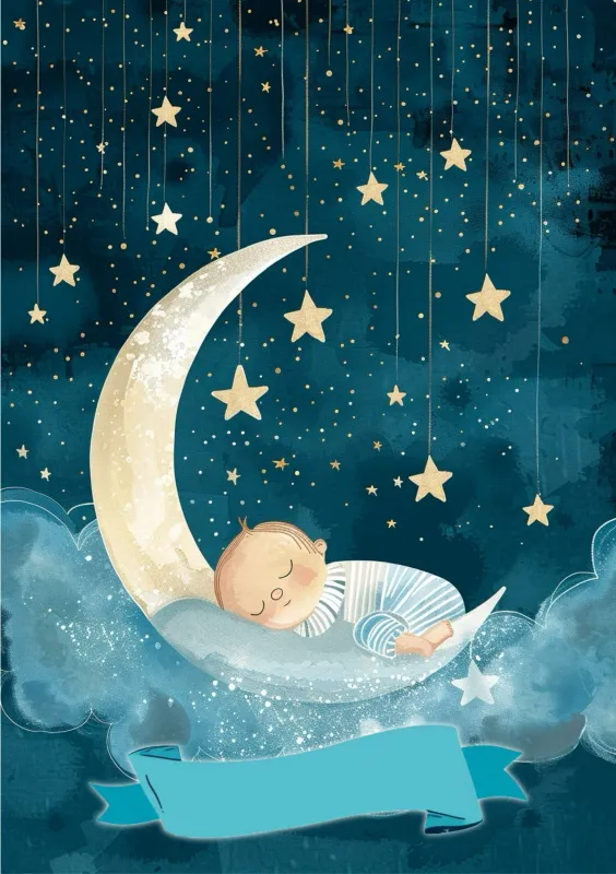 Ilustración de un bebé durmiendo sobre una luna, rodeado de estrellas y nubes en un fondo azul oscuro.