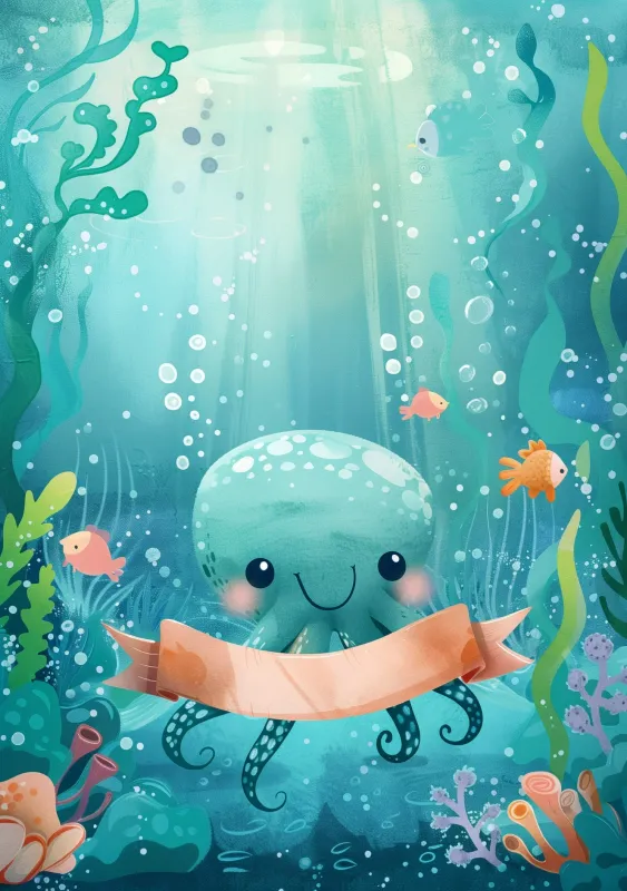 Portada de una tarjeta ilustrativa para recién nacidos, con un pulpo amigable y colorido sosteniendo una cinta en un entorno marino lleno de vida.