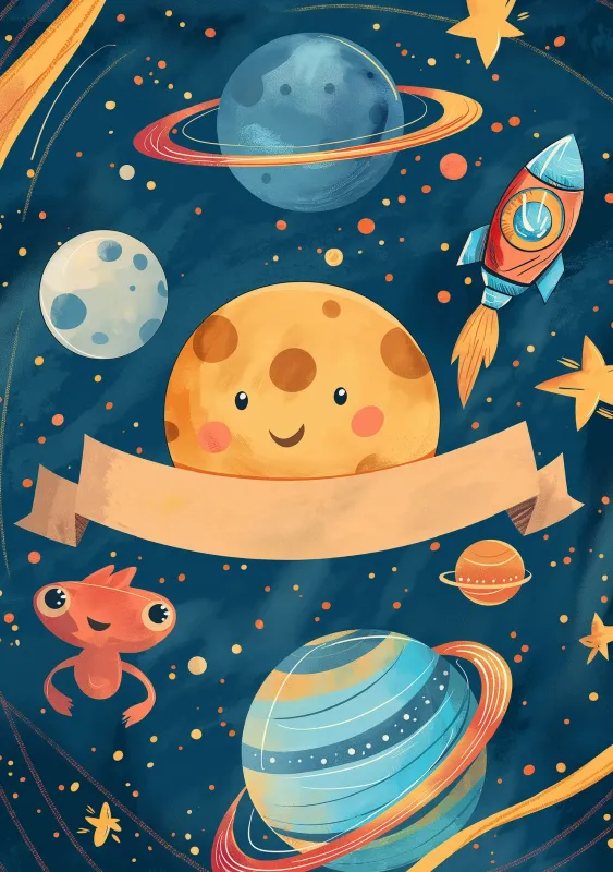 Una colorida y alegre tarjeta de felicitación para recién nacidos, con un fondo espacial que incluye planetas sonrientes, una cohete, estrellas y un simpático personaje. La tarjeta cuenta con un espacio vacío para personalizar un mensaje.