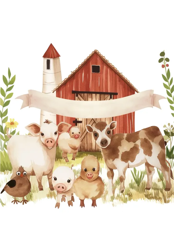 Ilustración de una granja con varios animales de granja, como una vaca, un cerdo, un pato y un pájaro, en un entorno natural y acogedor, ideal para celebrar la llegada de un recién nacido.