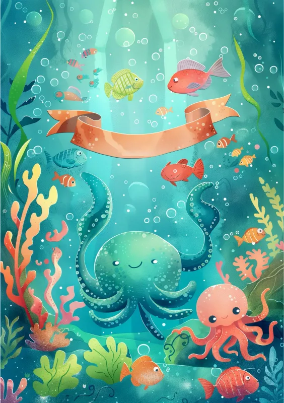 Una tarjeta de felicitación para recién nacidos con un fondo marino colorido que presenta un pulpo sonriente, un pequeño pulpo, diversos peces y corales vibrantes, ideal para dar la bienvenida a un nuevo bebé.