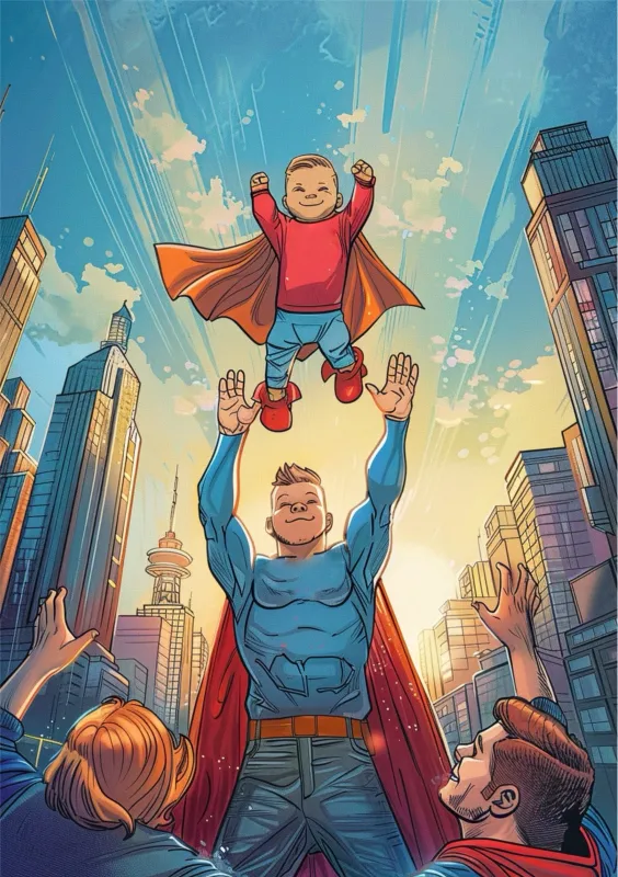 Tarjeta de felicitación con un bebé superheroico siendo levantado por un hombre también disfrazado de superhéroe, con un fondo de rascacielos. La imagen evoca alegría y celebración del nacimiento de un niño.