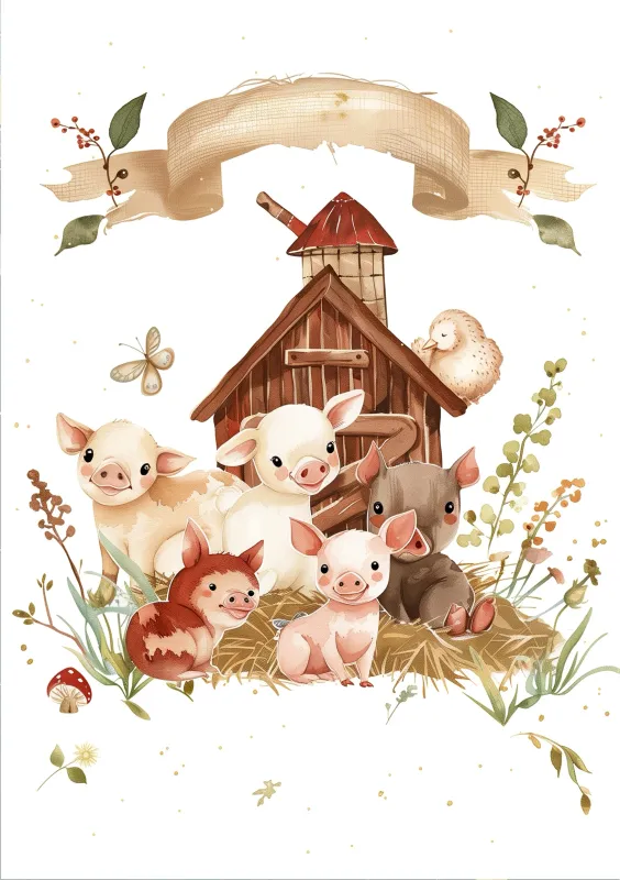 Una tarjeta de felicitación para recién nacidos con una ilustración dulce de un grupo de animales de granja adorables, incluyendo lechones y un pequeño establo entre flores y hojas decorativas.